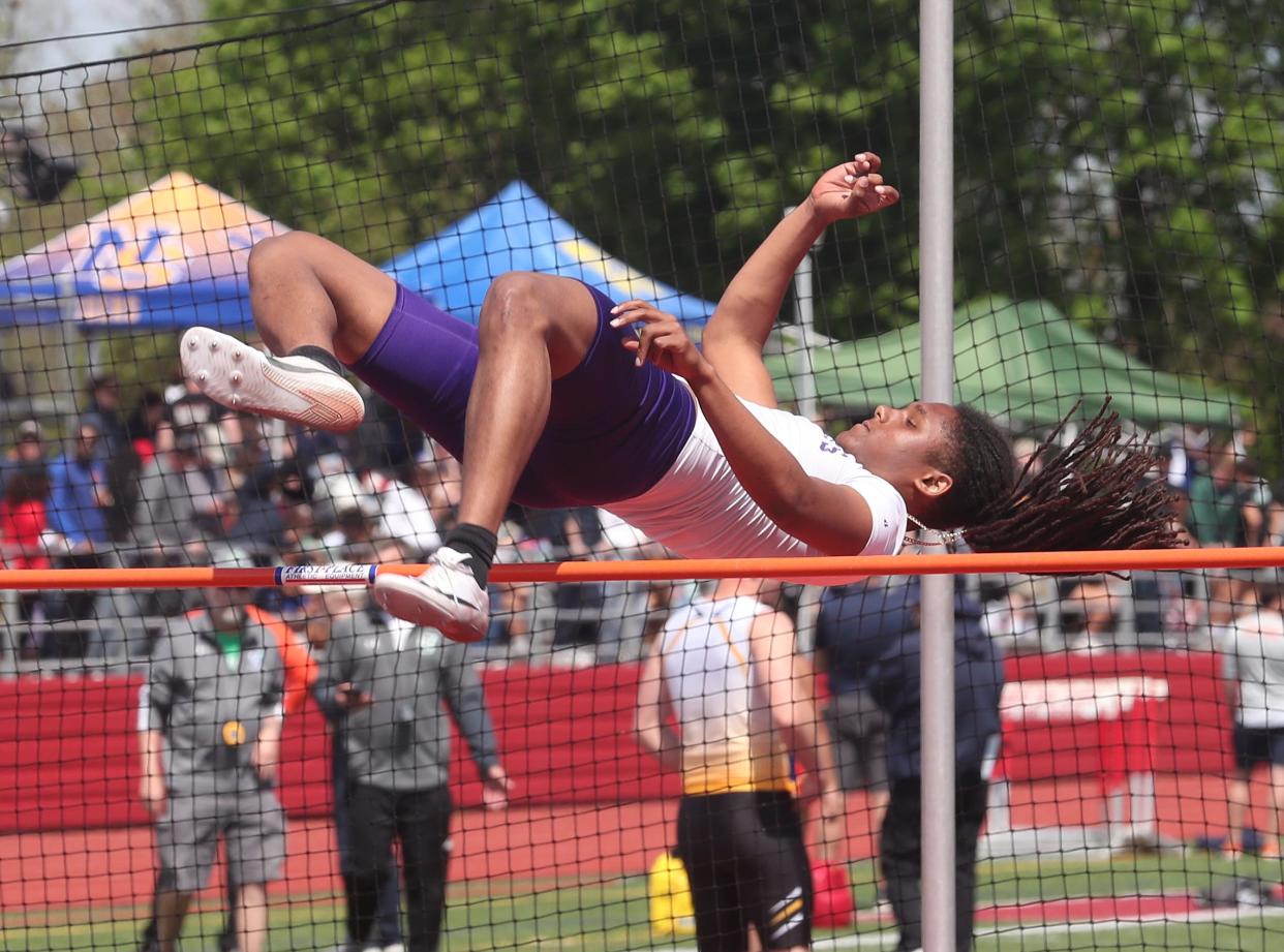 New Rochelle's Taylor Rhett clears the bar in the high jump as he competes in the boys pentathlon during the Somers Lions Club Joe Wynne Invitational track and field meet at Somers High School May 4, 2024.