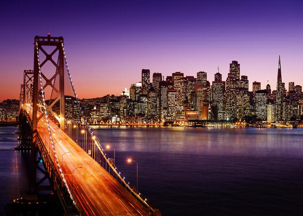 San Francisco skyline at dusk with bay bridge visible in the foreground.