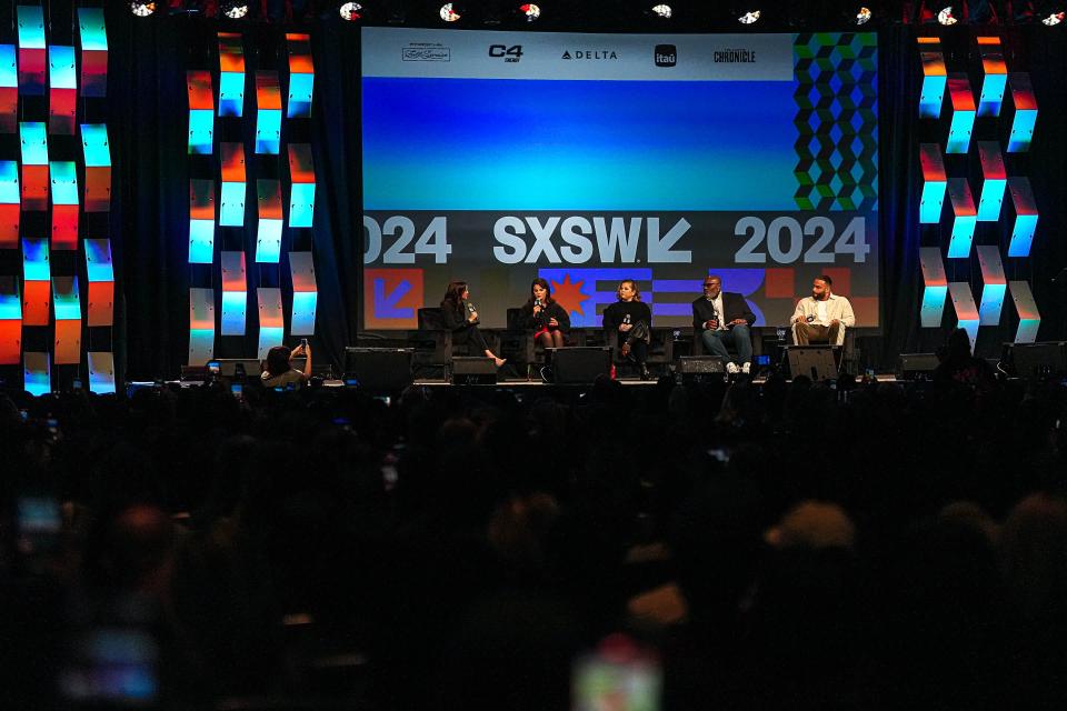 From left, Jessica Stern, Selena Gomez, Mandy Teefey, Corey Yeager and Solomon Thomas share their experiences and tips about mental health at South by Southwest on Sunday.