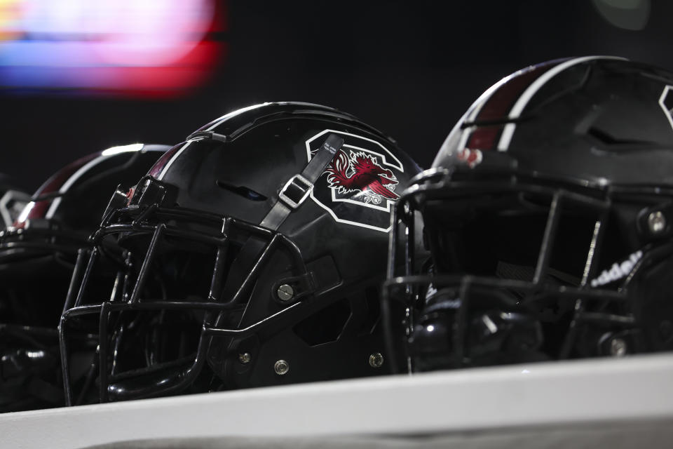 JACKSONVILLE, FLORIDA - DECEMBER 30: A detail of a South Carolina Gamecocks helmet on the sideline during the second half of the TaxSlayer Gator Bowl between the South Carolina Gamecocks and the Notre Dame Fighting Irish at TIAA Bank Field on December 30, 2022 in Jacksonville, Florida. (Photo by James Gilbert/Getty Images)