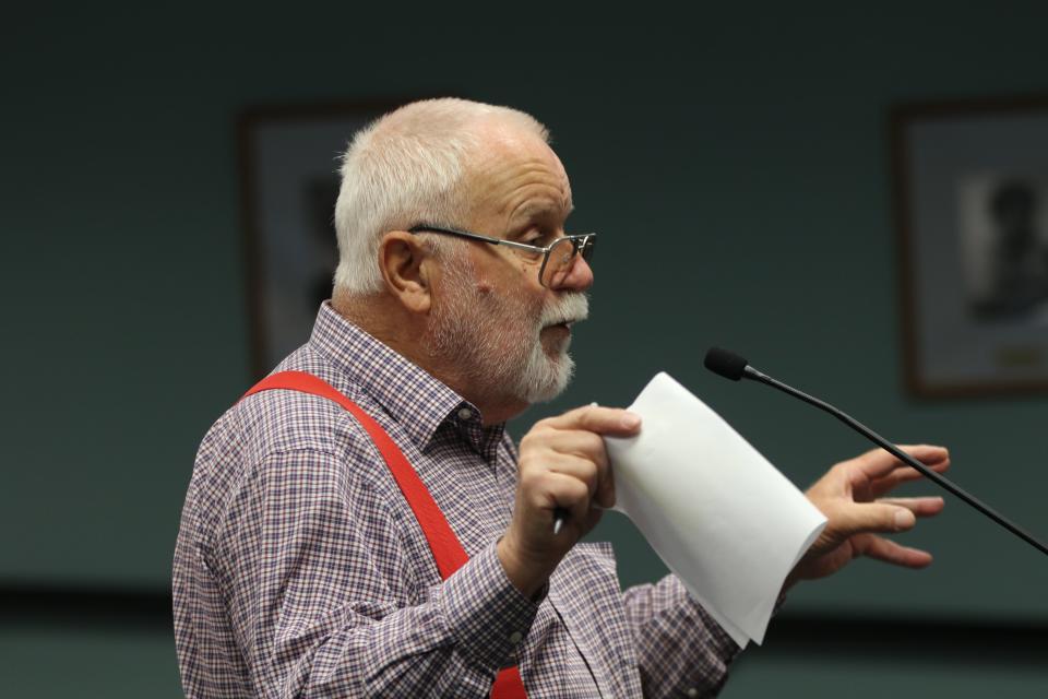 Carlsbad resident Norbert Rempe addresses a group of officials from the Waste Isolation Pilot Plant during a public hearing, April 17, 2024 in Carlsbad.