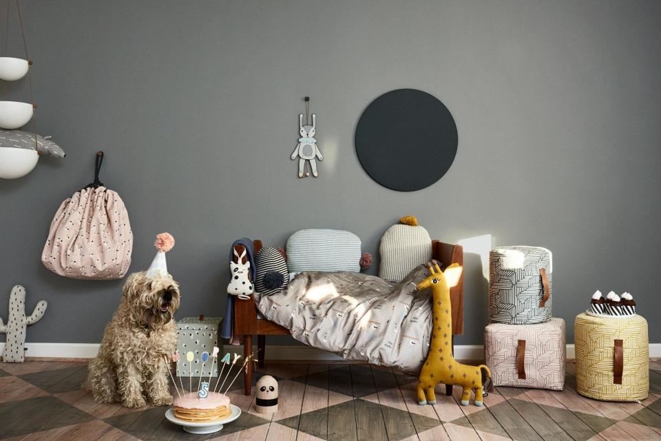 Scandi chic perfection, achieved with a neutral colour pallet of greys and pale pink teamed with playful textiles: Skandium