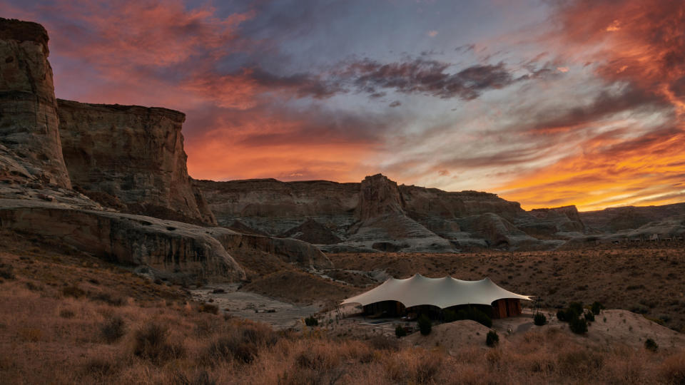 A pavilion at Camp Sarika at Amangiri at sunset