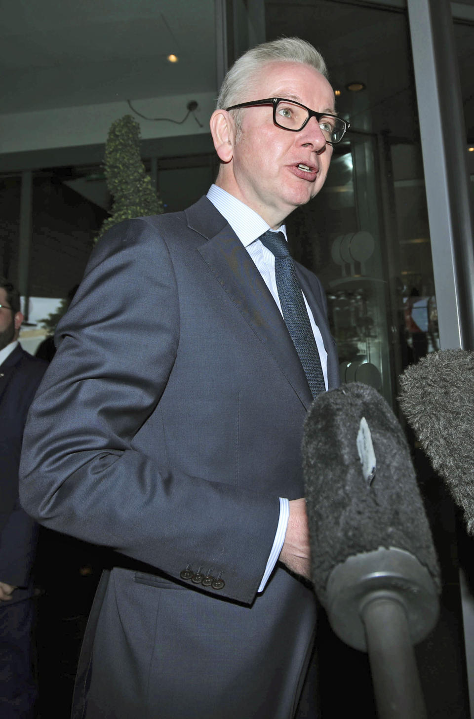 Conservative Party leadership contender Michael Gove arrives for the Conservative National Convention meeting in central London, Saturday June 15, 2019. Britain's Conservative Party is holding elimination votes to reduce the field until the final two contenders will be put to a vote of 160,000 Conservative Party members nationwide, with the winner replacing Theresa May as party leader and prime minister, with the result due late July. (Yui Mok/PA via AP)