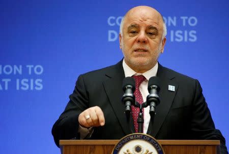 Iraqi Prime Minister Haider al-Abadi delivers remarks at the morning ministerial plenary for the Global Coalition working to Defeat ISIS at the State Department in Washington, U.S., March 22, 2017. REUTERS/Joshua Roberts