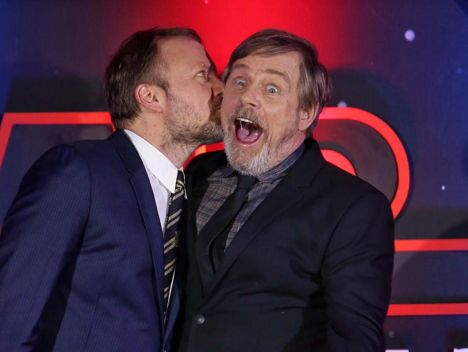 Rian Johnson and Mark Hamill seen on the black carpet during the photo call for Star Wars: The Last Jedi held in Mexico City, Mexico on November 20, 2017. (Photo by Liliana Ampudia/Sipa USA)