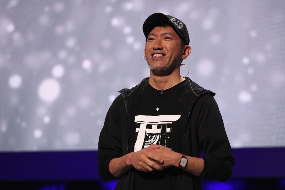 LOS ANGELES, CALIFORNIA - JUNE 09:  Shinji Mikami, Director at Tango Gameworks, revels 'Ghostwire Tokyo' during the Bethesda E3 Showcase at The Shrine Auditorium on June 09, 2019 in Los Angeles, California. (Photo by Christian Petersen/Getty Images)