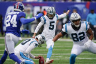 Carolina Panthers kicker Zane Gonzalez (5) kicks a field goal during the first half of an NFL football game against the New York Giants, Sunday, Oct. 24, 2021, in East Rutherford, N.J. (AP Photo/Seth Wenig)