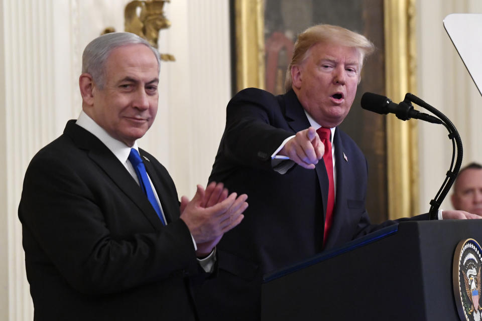 President Donald Trump speaks during an event with Israeli Prime Minister Benjamin Netanyahu in the East Room of the White House in Washington, Tuesday, Jan. 28, 2020. (AP Photo/Susan Walsh)