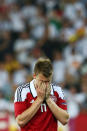 L'VIV, UKRAINE - JUNE 17: Nicklas Bendtner of Denmark puts his head in his hands after the UEFA EURO 2012 group B match between Denmark and Germany at Arena Lviv on June 17, 2012 in L'viv, Ukraine. (Photo by Martin Rose/Getty Images)