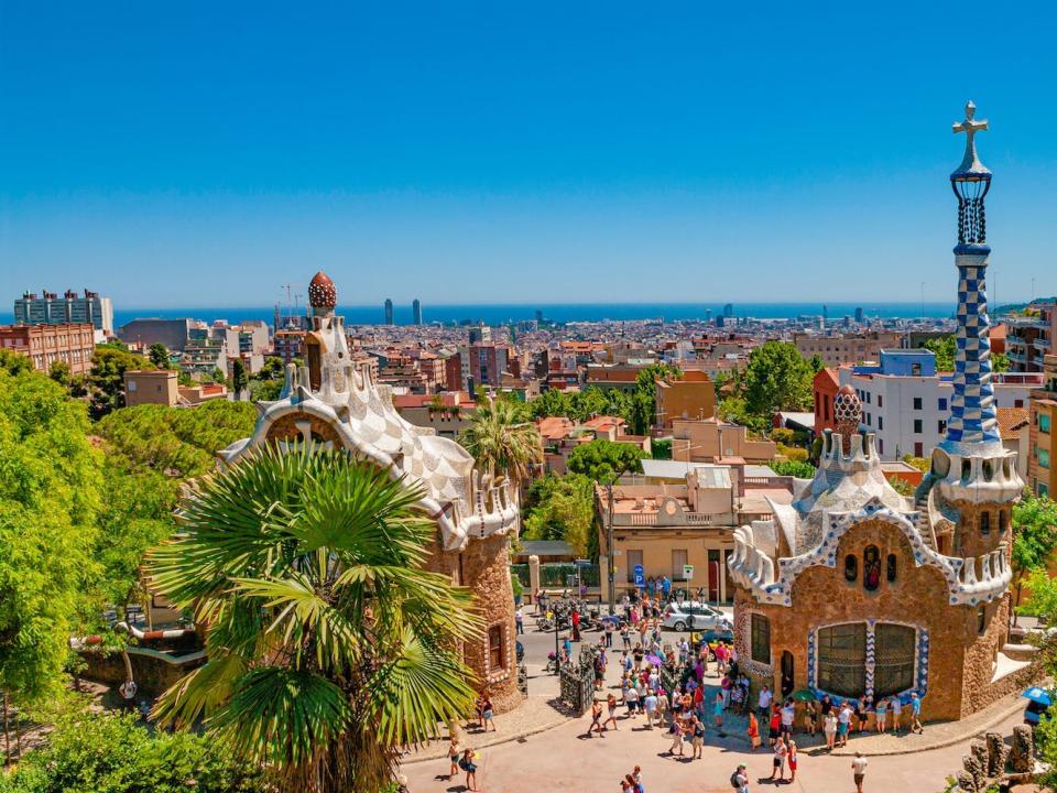 Toursts visit Park Guell in Barcelona, Spain.