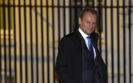 European Council President Donald Tusk arrives for a meeting with British Prime Minister David Cameron at Downing Street in London, Britain, January 31, 2016. REUTERS/Toby Melville