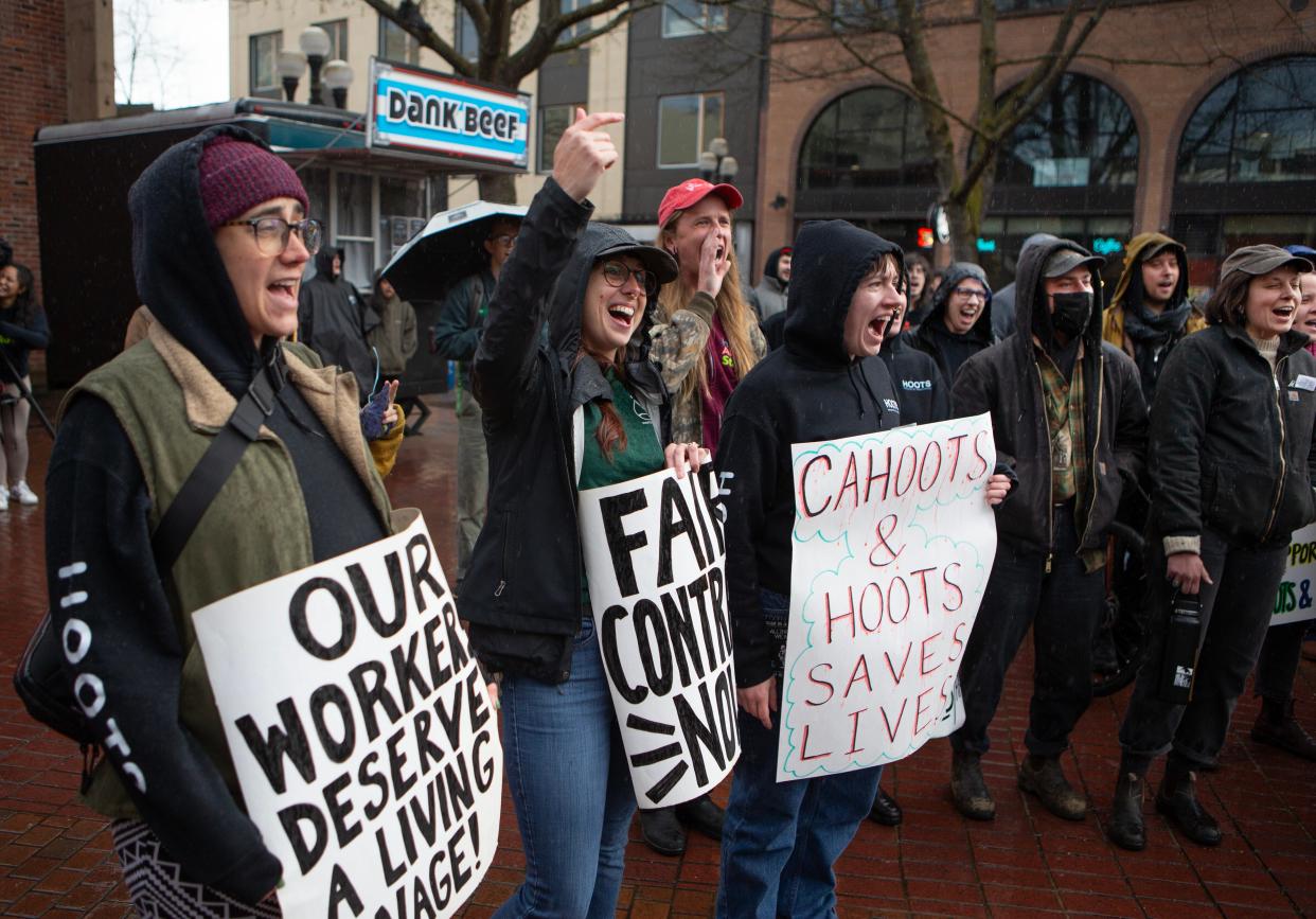 CAHOOTS and HOOTS workers rally in support of their union in downtown Eugene Friday, April 5, 2024.