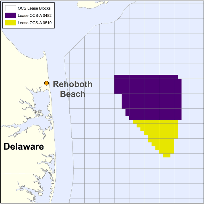 This map shows where an offshore wind lease area is along Delaware's coast. The yellow portion is where the Skipjack Wind Farm will be placed.