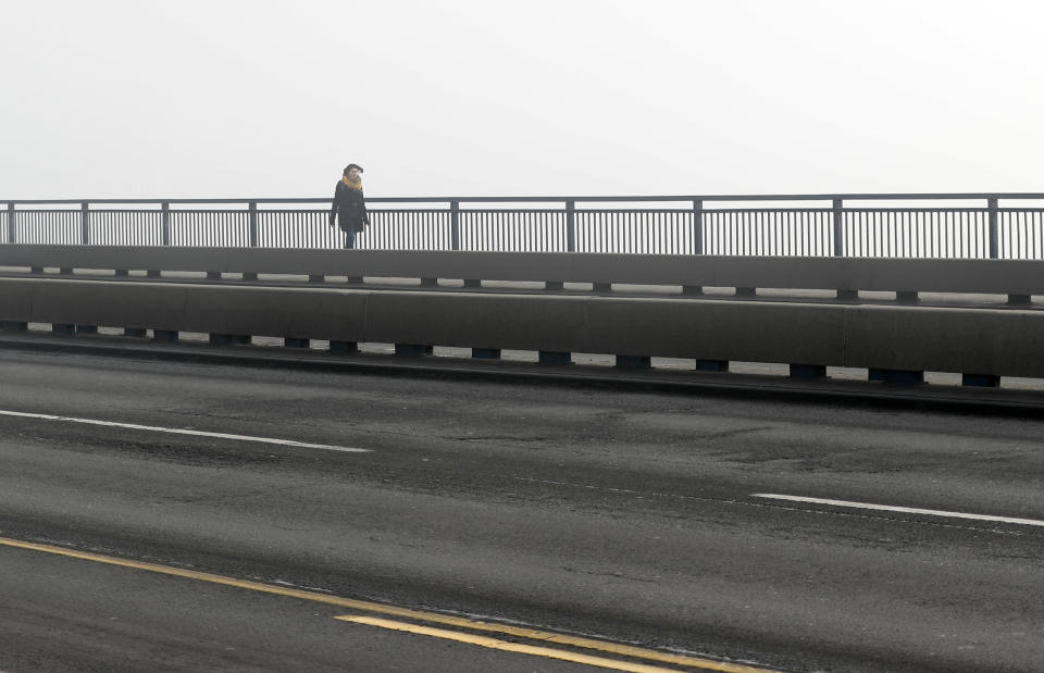 A girl walks across a bridge in Belgrade, Serbia, Wednesday, Jan. 15, 2020. Serbia's government on Wednesday called an emergency meeting, as many cities throughout the Balkans have been hit by dangerous levels of air pollution in recent days, prompting residents' anger and government warnings to stay indoors and avoid physical activity.(AP Photo/Darko Vojinovic)