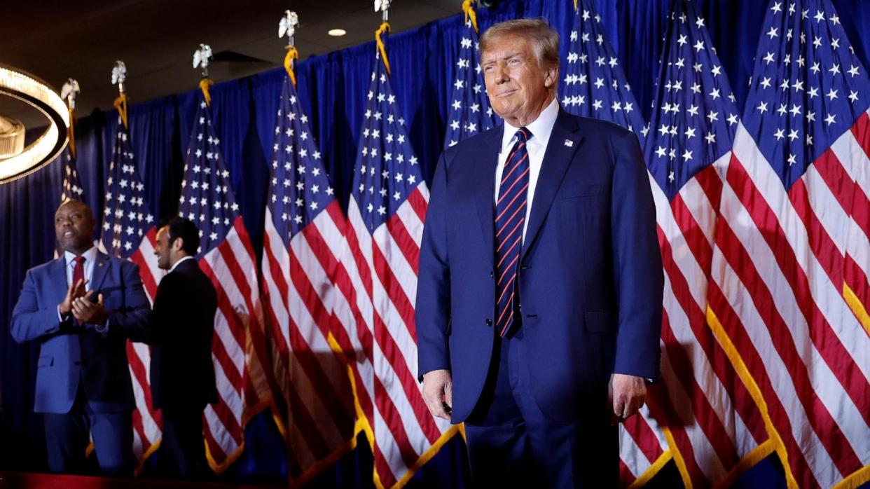 PHOTO: Republican presidential candidate and former U.S. President Donald Trump takes the stage during his primary night party, Jan. 23, 2024, in Nashua, New Hampshire.  (Chip Somodevilla/Getty Images)