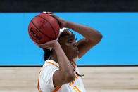 Tennessee center Kasiyahna Kushkituah shoots during the first half of a college basketball game against Michigan in the second round of the women's NCAA tournament at the Alamodome in San Antonio, Tuesday, March 23, 2021. (AP Photo/Charlie Riedel)