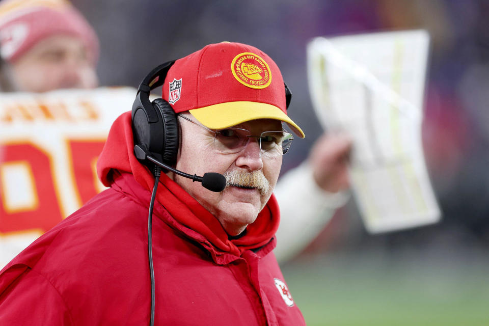 Chiefs coach Andy Reid during the 2024 AFC championship game. (Rob Carr / Getty Images)