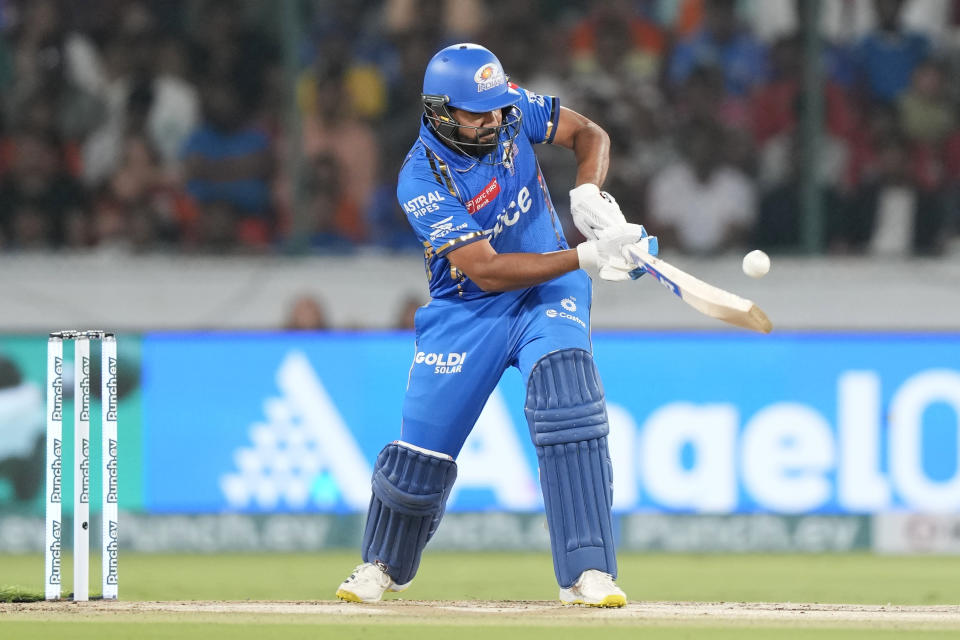 Mumbai Indians' Rohit Sharma plays a shot during the Indian Premier League cricket tournament between Sunrisers Hyderabad and Mumbai Indians in Hyderabad, India, Wednesday, March 27, 2024.(AP Photo/Mahesh Kumar A.)