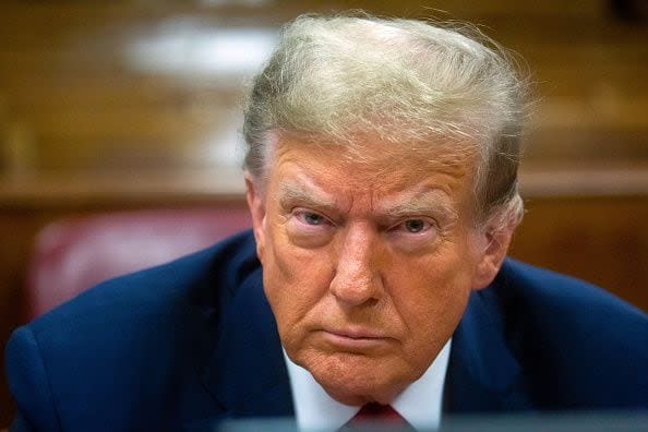 NEW YORK, NEW YORK - APRIL 15: Former U.S. President Donald Trump attends the first day of his trial for allegedly covering up hush money payments at Manhattan Criminal Court on April 15, 2024 in New York City. Former President Donald Trump faces 34 felony counts of falsifying business records in the first of his criminal cases to go to trial. (Photo by Michael Nagle - Pool/Getty Images)