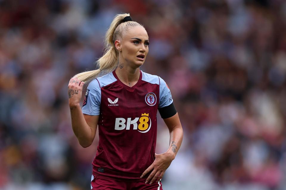 BIRMINGHAM, ENGLAND - OCTOBER 01: Alisha Lehmann of Aston Villa looks on during the Barclays Women's Super League match between Aston Villa and Manchester United at Villa Park on October 01, 2023 in Birmingham, England. (Photo by Lewis Storey/Getty Images)