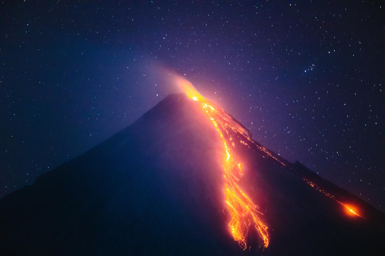 Mayon volcano erupting at night, Albay, Philippines