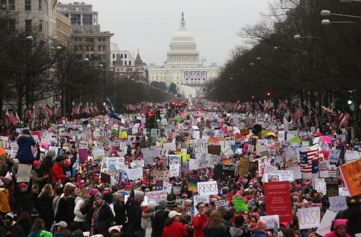 Protesters gather during the Women's March on Washington, with the U.S. Capitol in the background, on Jan. 21, 2017. (Mario Tama/Getty Images)