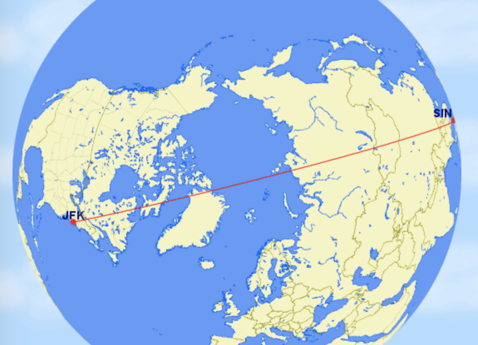 Long haul: the shortest route between New York JFK and Singapore (Great Circle Mapper)
