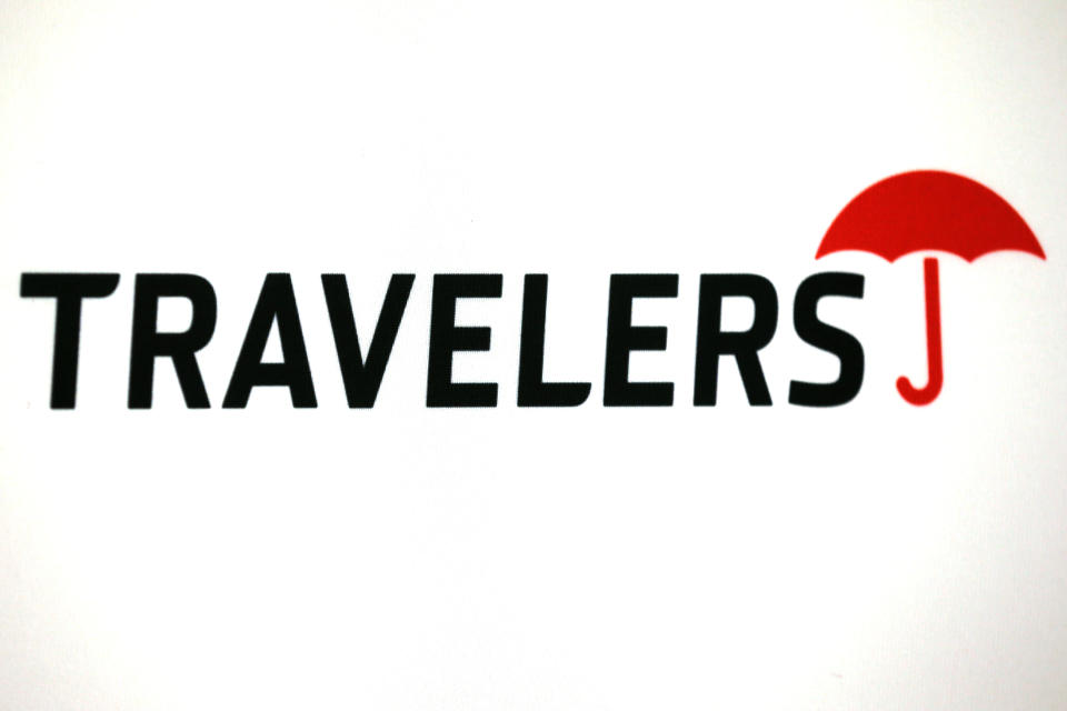 The logo of Dow Jones Industrial Average stock market index listed company Travelers Companies Inc (TRV) is seen in Los Angeles, California, United States, April 27, 2016. REUTERS/Lucy Nicholson