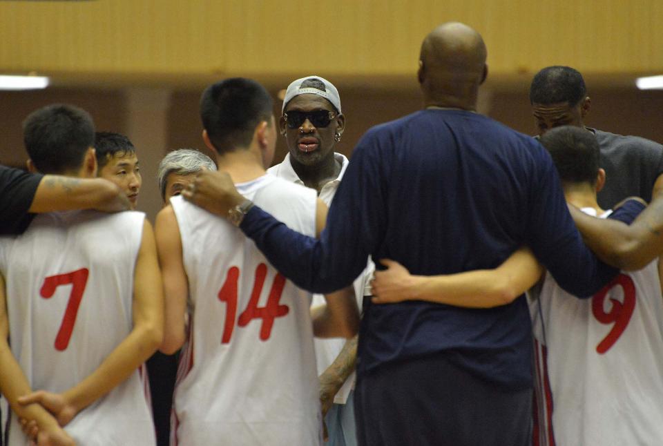 Former NBA basketball star Rodman takes part in a practice session with North Korean basketball players in Pyongyang,