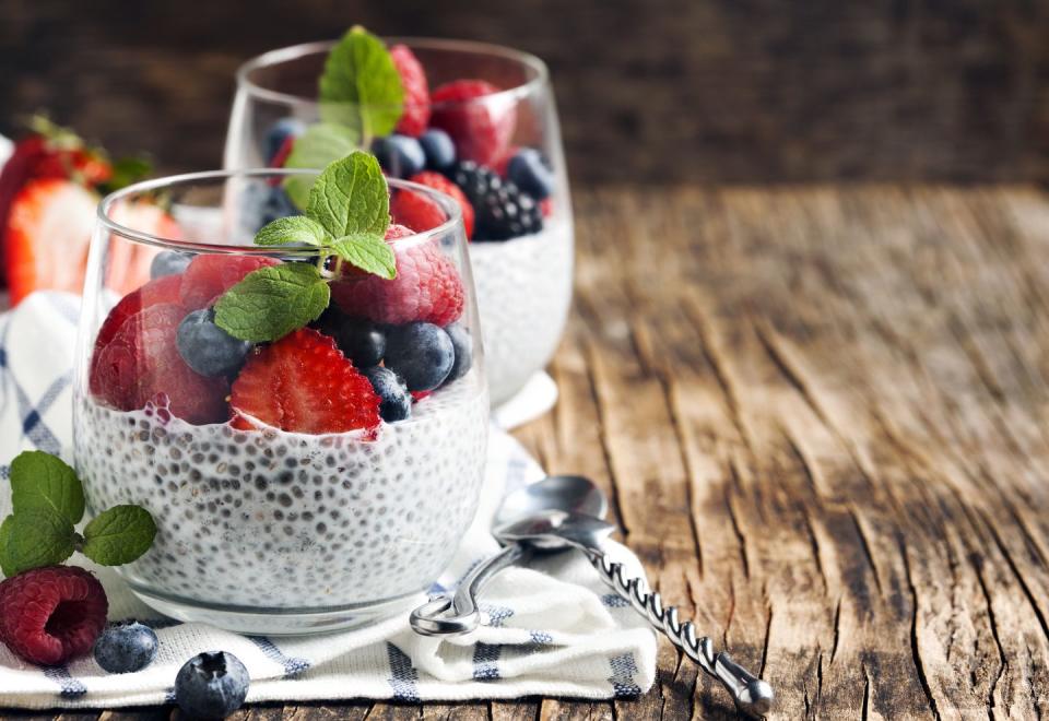 <p><a href="https://www.prevention.com/food-nutrition/healthy-eating/a19596889/health-benefits-of-chia-seeds/" rel="nofollow noopener" target="_blank" data-ylk="slk:Chia seeds;elm:context_link;itc:0;sec:content-canvas" class="link ">Chia seeds </a>are great sources of protein, omega-3s, and fiber. They also contain good amounts of healthy antioxidants, as well as calcium, zinc, magnesium, and iron—all important for your health. Toss a small handful into smoothies or baked goods, or use them as a healthful topping on salads or yogurt. </p><p><strong>Try it: </strong><a href="https://www.prevention.com/food-nutrition/recipes/a20521404/mango-coconut-chia-pudding-0/" rel="nofollow noopener" target="_blank" data-ylk="slk:Mango-Coconut Chia Pudding;elm:context_link;itc:0;sec:content-canvas" class="link ">Mango-Coconut Chia Pudding</a></p>