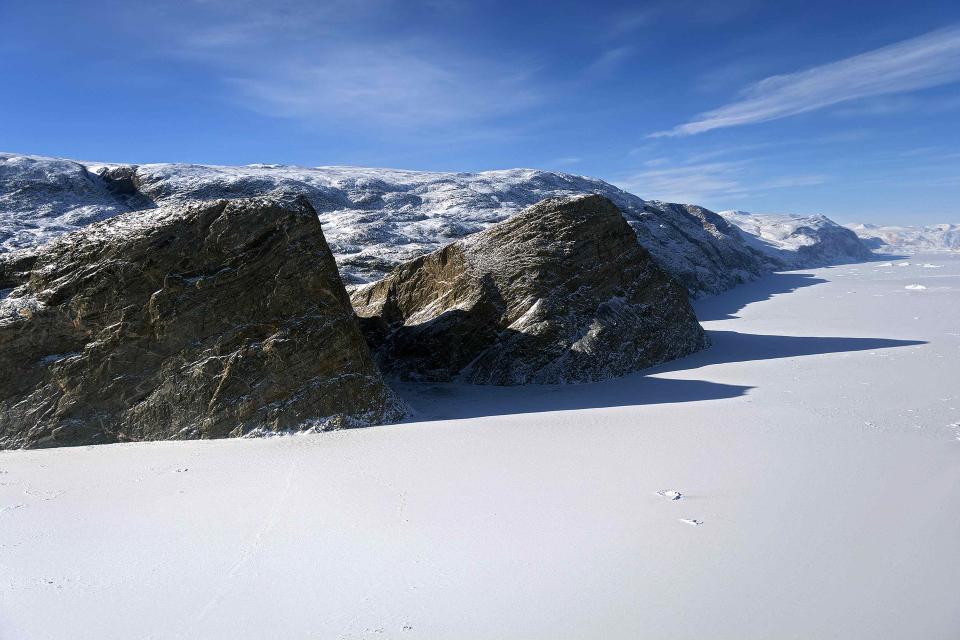 An aerial view of the Nord Glacier in East Greenland is seen during a NASA Operation IceBridge survey flight