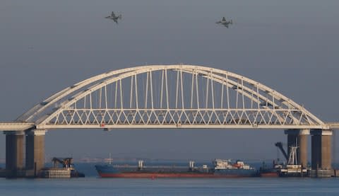 Russia blocked the Kerch strait with a tanker and deployed fighter jets to stop the three vessels entering the Azov Sea last year - Credit: Pavel Rebrov/Reuters