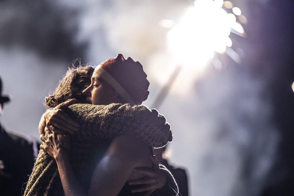 This image released by Disney shows Jeanette Hain as Gertrud Ederle, left, and Daisy Ridley as Trudy Ederle in a scene from "Young Woman and the Sea." (Vladisav Lepoev/Disney via AP)