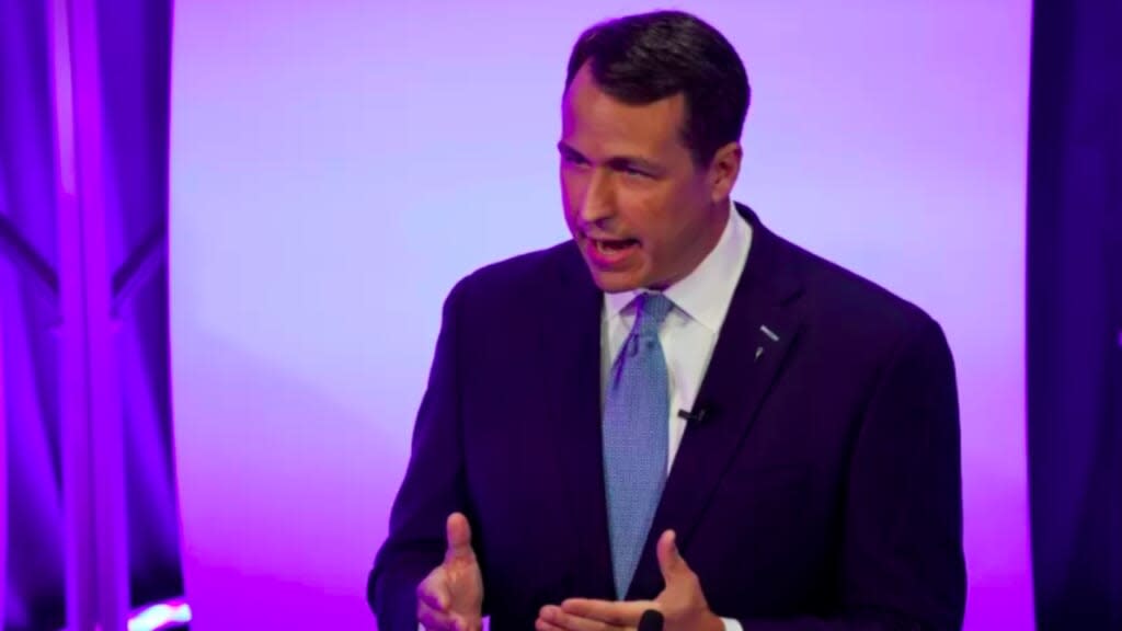 Democratic challenger Cal Cunningham speaks during a televised debate with Sen. Thom Tillis (R-NC) on October 1 in Raleigh, North Carolina. (Gerry Broome/AP)