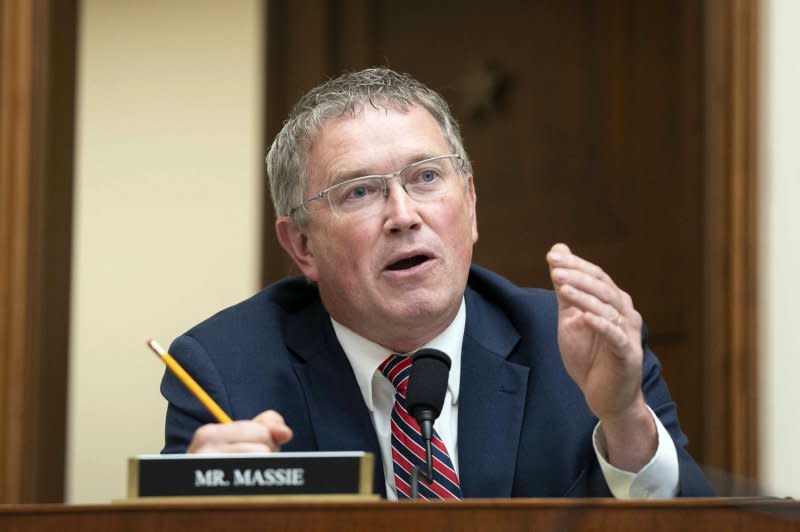 Rep. Thomas Massie, R-Ky., speaks during a House Judiciary Committee hearing on the Department of Justice on Capitol Hill in September 2023. On Tuesday, Massie became the second House Republican to join in Georgia Rep. Marjorie Taylor Greene's effort to oust Speaker Mike Johnson from his leadership position.

File Photo by Bonnie Cash/UPI