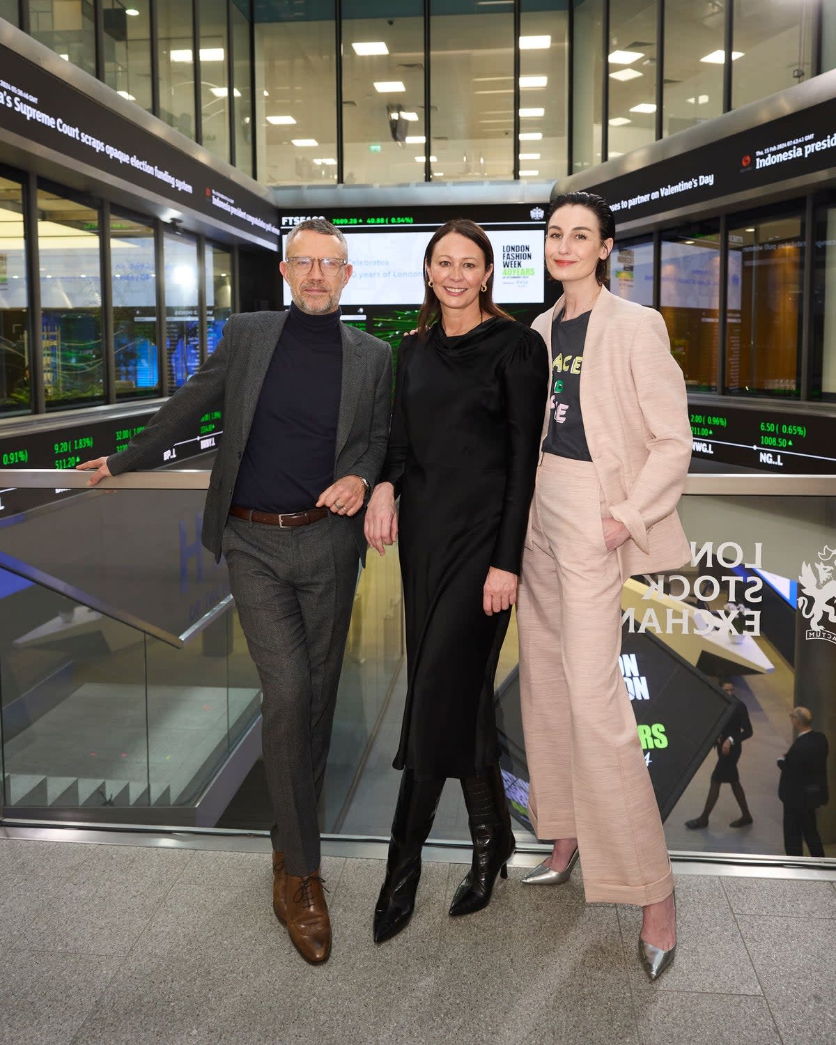 David Pemsel, BFC chairman, Caroline Rush, BFC CEO, and supermodel Erin O’Connor open the London Stock Exchange  (BFC)