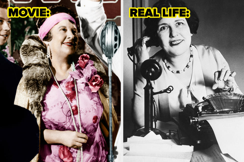 Juxtaposed images of Marie Dressler as Emma Thatcher in a film (left) and the real Emma Thatcher with a typewriter (right). Large text: Film, Real Life