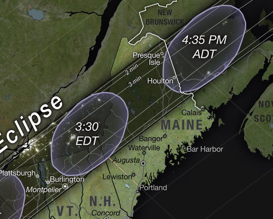 zoomed shot of nasa map showing eclipse path over vermont new hampshire maine