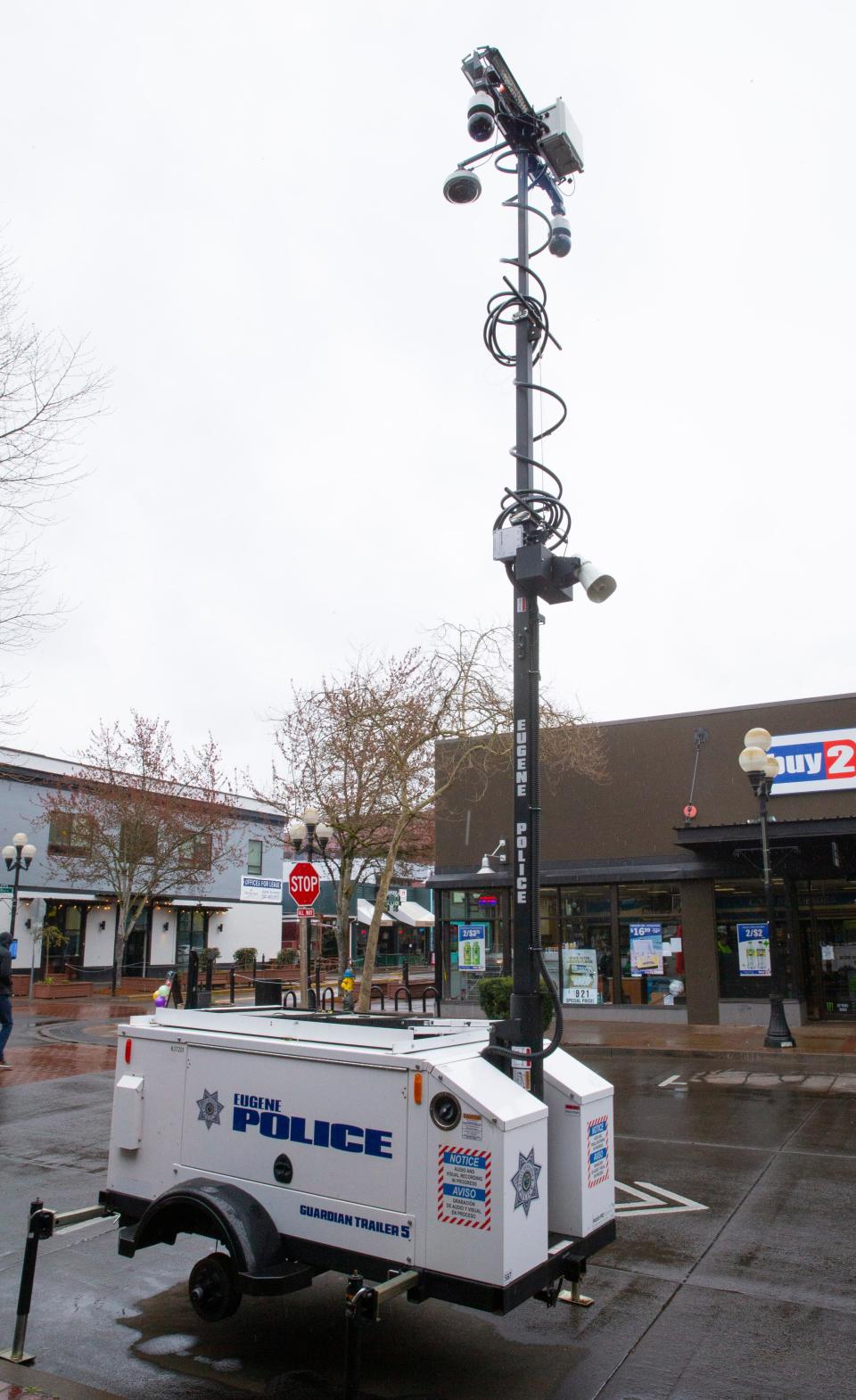 The El Paso City Watch Program looks to expand to 300 cameras, including the use of mobile police camera towers, similar to this one stationed in downtown Eugene, Oregon.