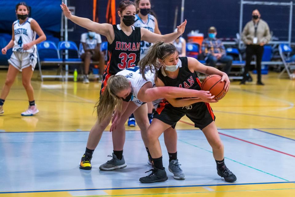 Diman’s Avery Rounds steals the ball from Kaylee Barker during a recent game this season against Bristol-Plymouth.