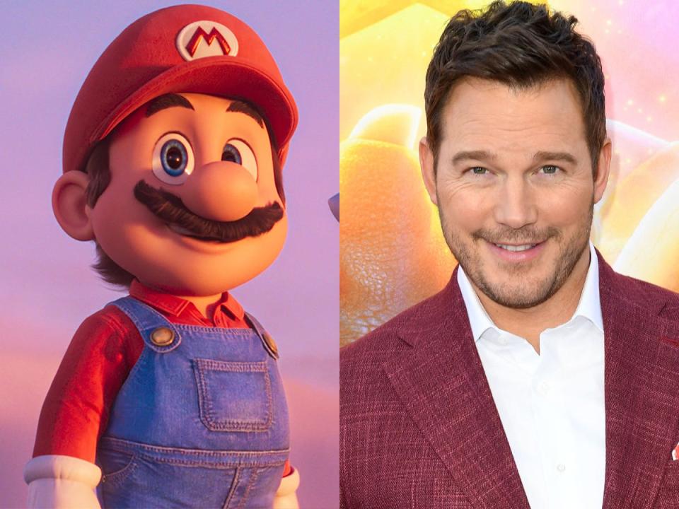 On the left: Mario in "The Super Mario Bros. Movie." On the right: Chris Pratt at the LA premiere of "The Super Mario Bros. Movie."