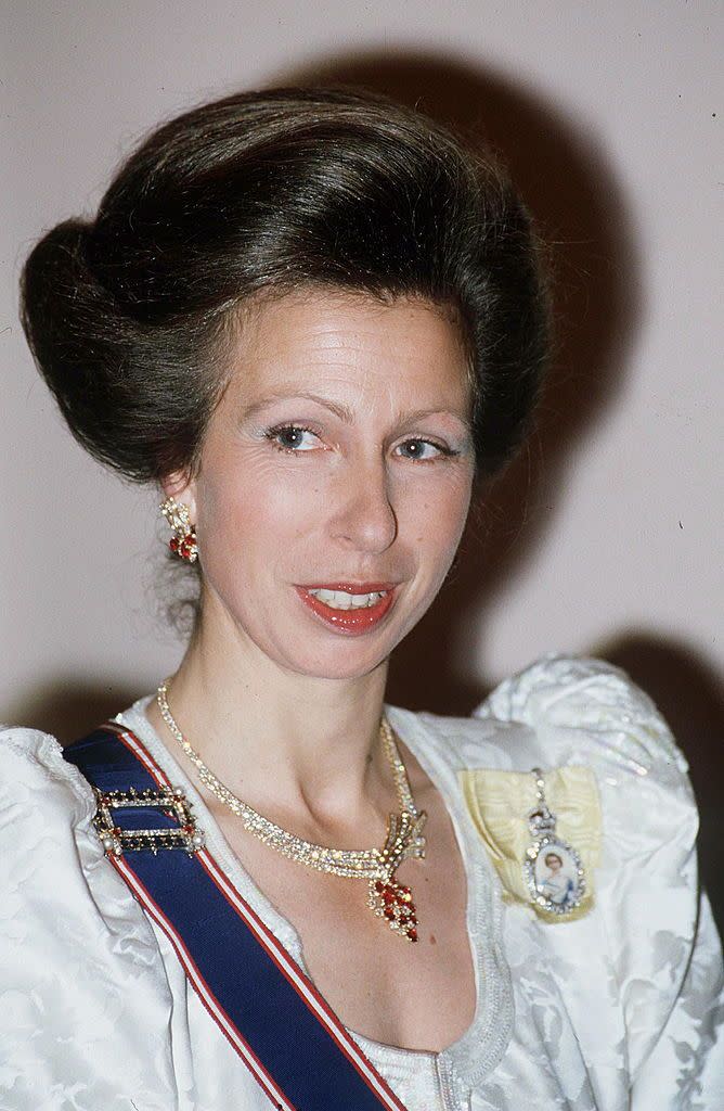 <p>Rubies are known as the ‘king of gems’, but Anne proves they look equally lovely on princesses, too. </p><p>She wore this ruby and diamond suite – comprising necklace and earrings, plus a matching brooch – to a banquet at Claridge’s for King Fahd of Saudi Arabia in 1987, where it provided a glamorous finishing touch for her puff-sleeved gown. </p>