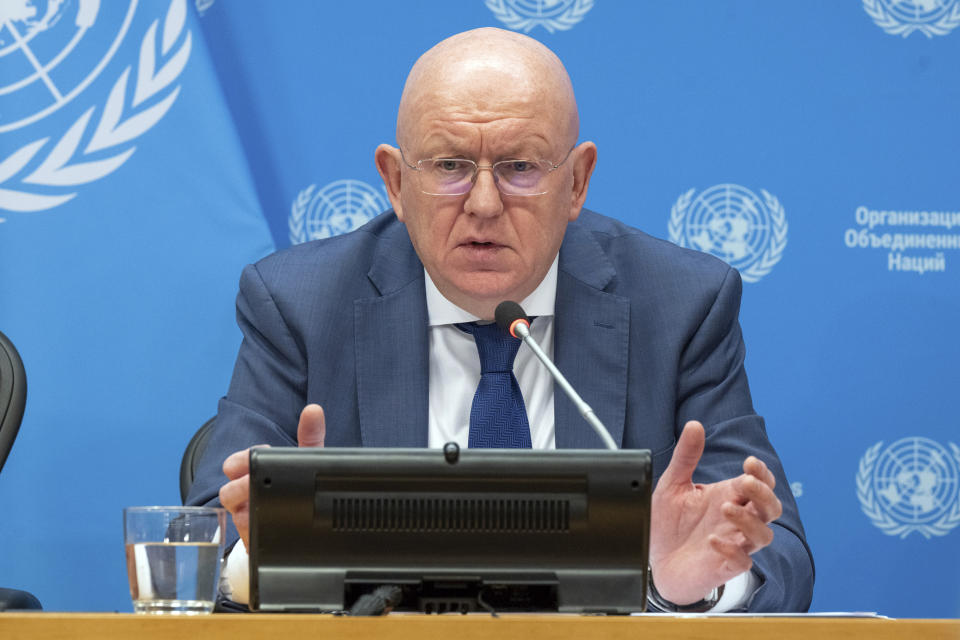 In this photo provided by the United Nations, Ambassador Vassily Nebenzia, Permanent Representative of the Russian Federation, and President of the Security Council for the month of July, briefs reporters on the program of work of the Security Council, at the United Nations, Monday, July 1, 2024. (Eskinder Debebe/UN Photo via AP)