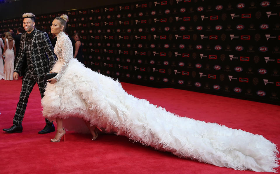 Western Bulldogs star Jason Johannisen’s partner Logan Shine wore quite the extravagant dress to AFL’s big night.