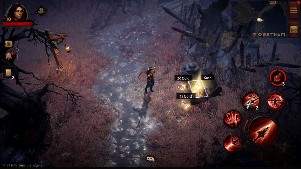 Screenshot of Wortham, Immortal's starting zone. The demon hunter is seen opening a chest. 