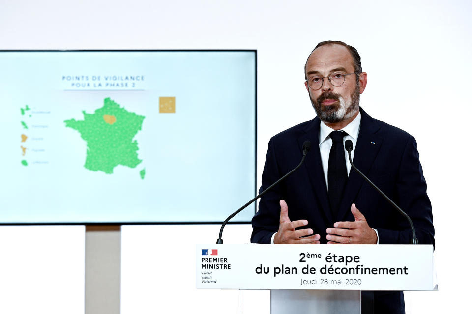 French Prime Minister Edouard Philippe speaks during a televised address to announce the second phase of the easing of lockdown measures amid the spread of the coronavirus disease (COVID-19) from June 2, at the Hotel Matignon in Paris, France May 28, 2020. Philippe Lopez/Pool via REUTERS