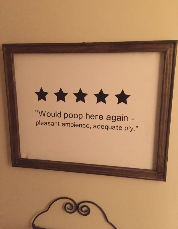 Framed sign with a 5-star rating and text that reads: "Would poop here again - pleasant ambience, adequate ply."