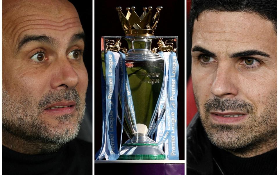 A combination picture shows Manchester City manager Pep Guardiola, Arsenal manager Mikel Arteta and the Premier League trophy - Action Images via Reuters/Matthew Childs, REUTERS/Dylan Martinez