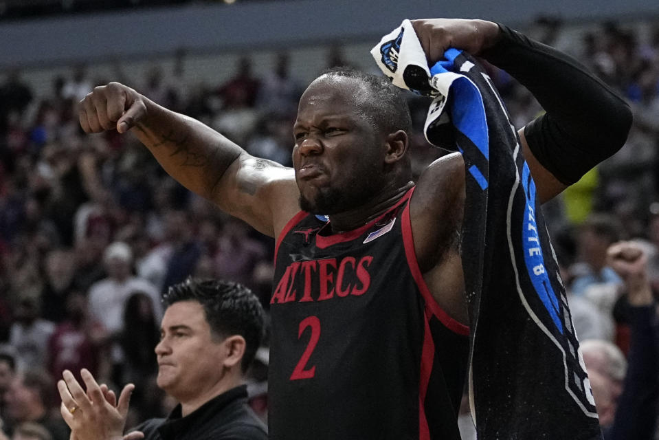 San Diego State guard Adam Seiko (2) reacts to play against Alabama in the second half of a Sweet 16 round college basketball game in the South Regional of the NCAA Tournament, Friday, March 24, 2023, in Louisville, Ky. (AP Photo/John Bazemore)